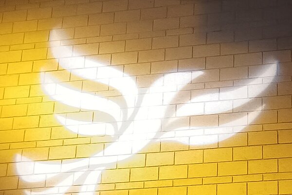 Lib Dem logo bird projected on blockwork