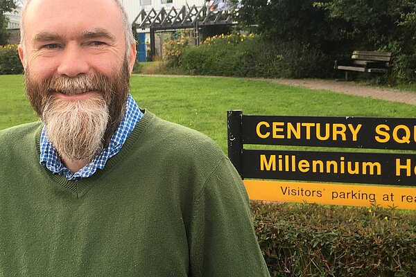 Adam outside Millennium House, Pensilva